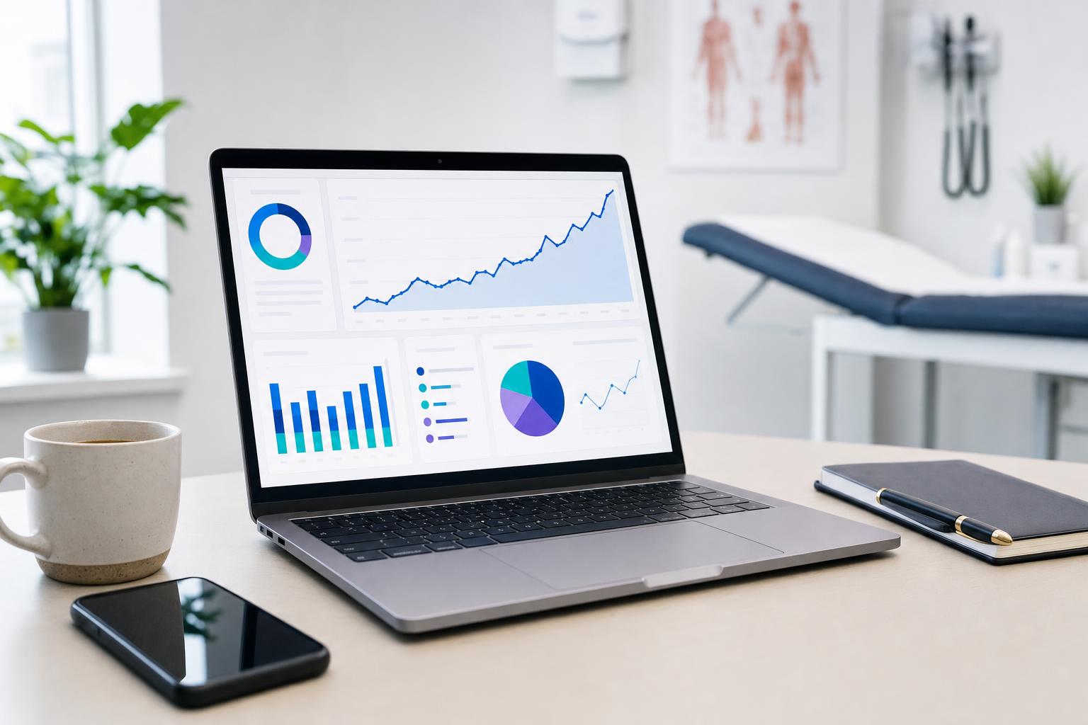 Laptop showing marketing analytics dashboard in a clinic